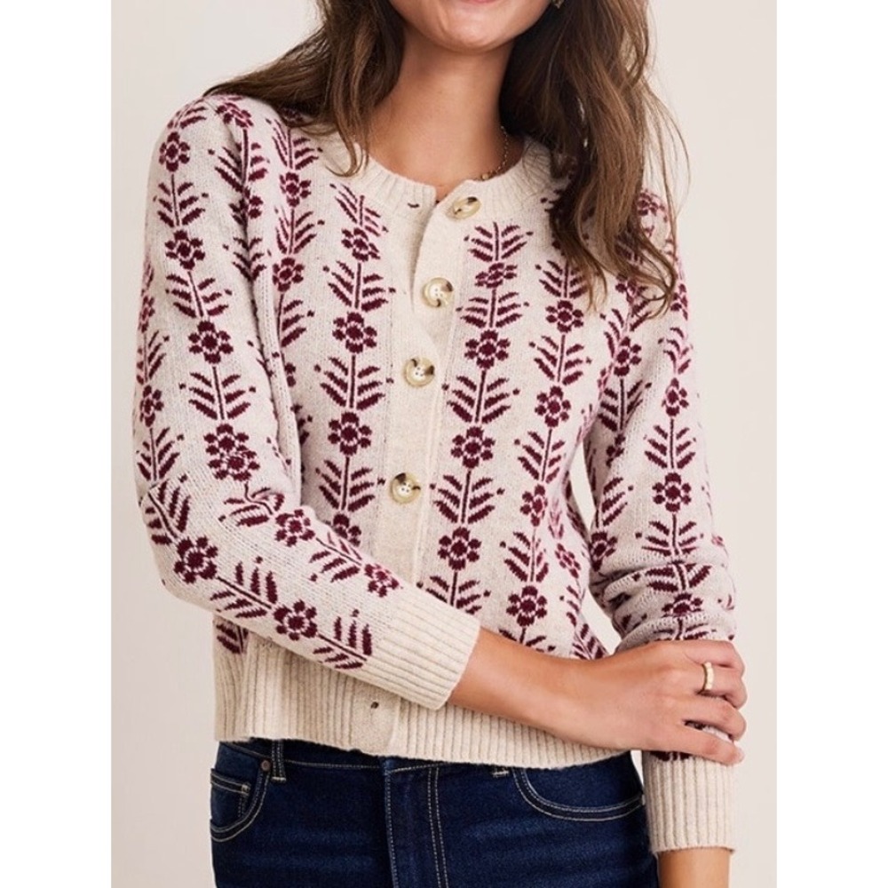 Francesca's Floral Knit Cardigan Sweater Tan Burgundy M Lea Nordic Cottagecore